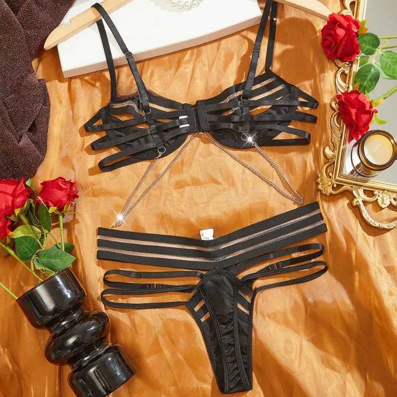 Sexy Lingerie Suit for Women Mesh Patchwork Chain Lingerie Set Sexy Hollow Out See-through Womens Underwear Bra Set New R250520