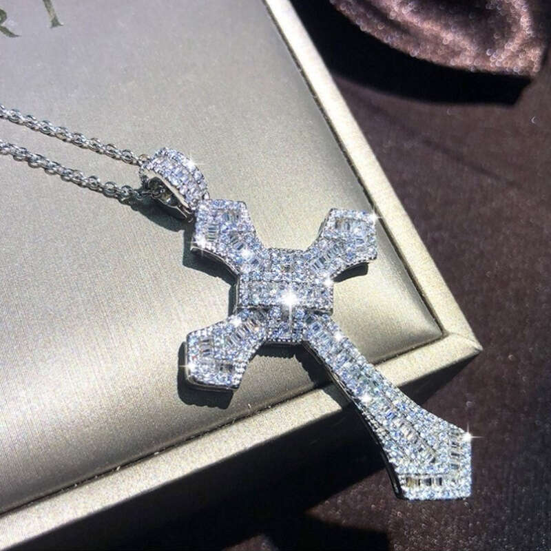 Full Moissanite Necklace Sterling Cross Pendant for Women 2.76*1.57inch Hip Hop Fine Jewelry Men Christmas Ladies Mother Father Valentine'S day G