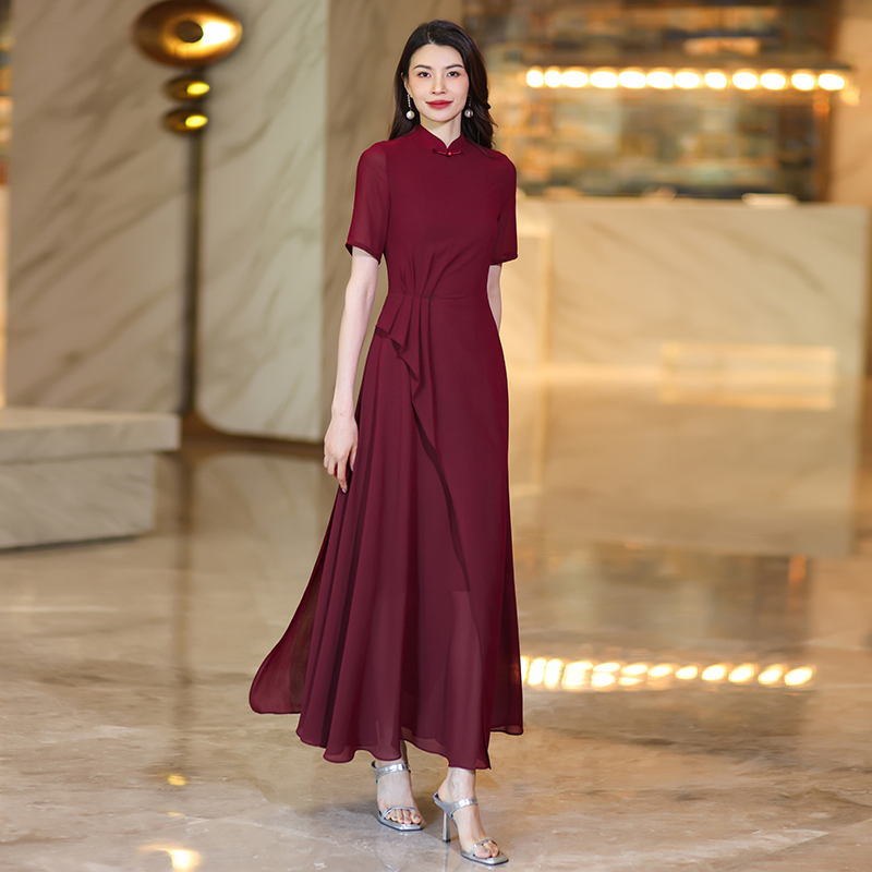 summer chinesestyle cheongsam dresses for women exuding highend elegance and graceful charm with short sleeves printed chiffon fabric and a onepiece d