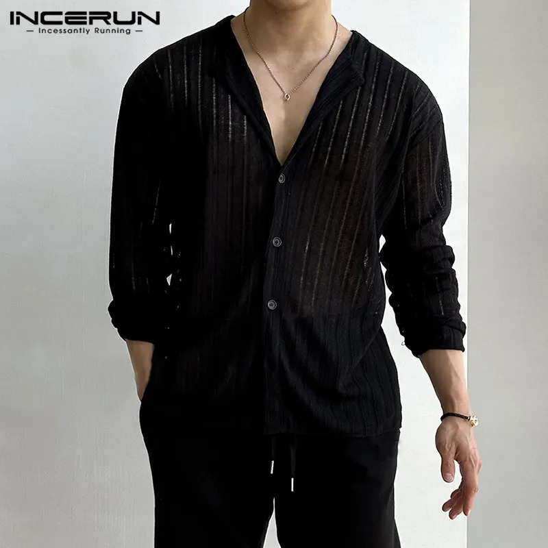 INCERUN Men Shirt Striped V Neck Long Sleeve Button Streetwear Clothing Autumn Knitted Korean Style Casual Shirts S5XL 250520