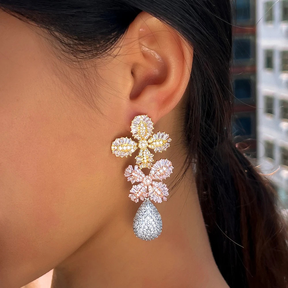 CWWZircons Stylish 3 Tone Long Leaf Drop Earrings for Women Shiny Cubic Zirconia Micro Pave Bridal Statement Party Jewelry E0557 250517