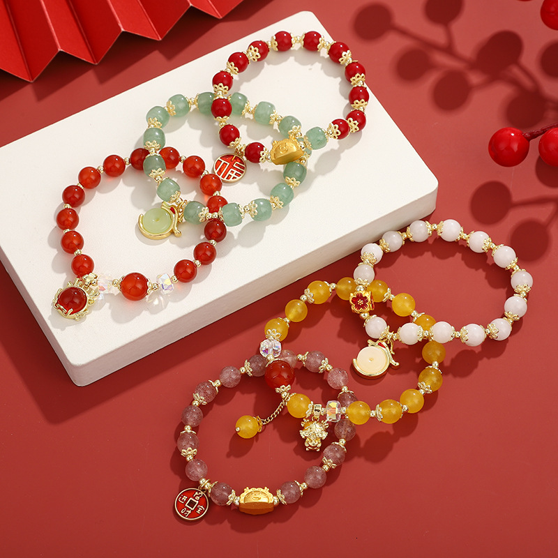 The Chinese style beads lucky Year of the Loong fortune coins agate red rope temple bracelet female