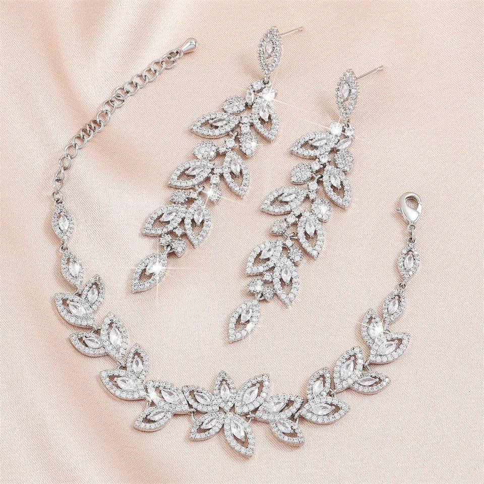 ZAKOL Shiny Buling Micropaved Zirconia Leaf Long Earrings Chain Bracelet Charm Wedding Jewelry Set For Women 250520