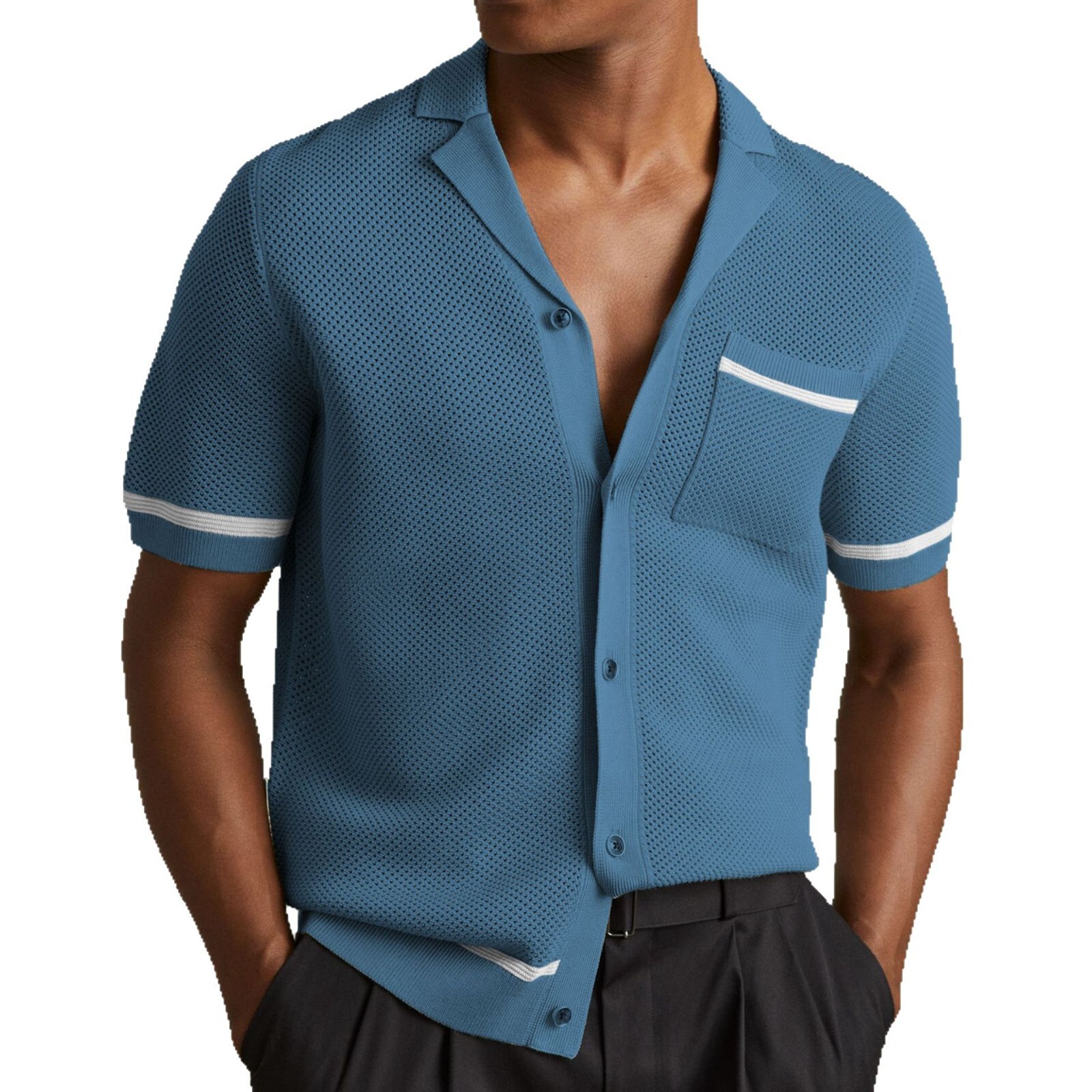 Sexy Hollow Men's Knitted Summer Cuban Collar Short Sleeve Polo Shirt SY0103