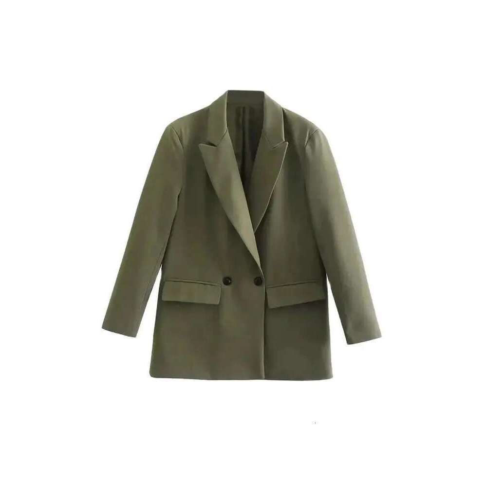 TRZA Women Fashion Double Breasted Loose Fitting Blazer Coat Vintage Long Sleeve Pockets Female Outerwear Chic Veste Femme