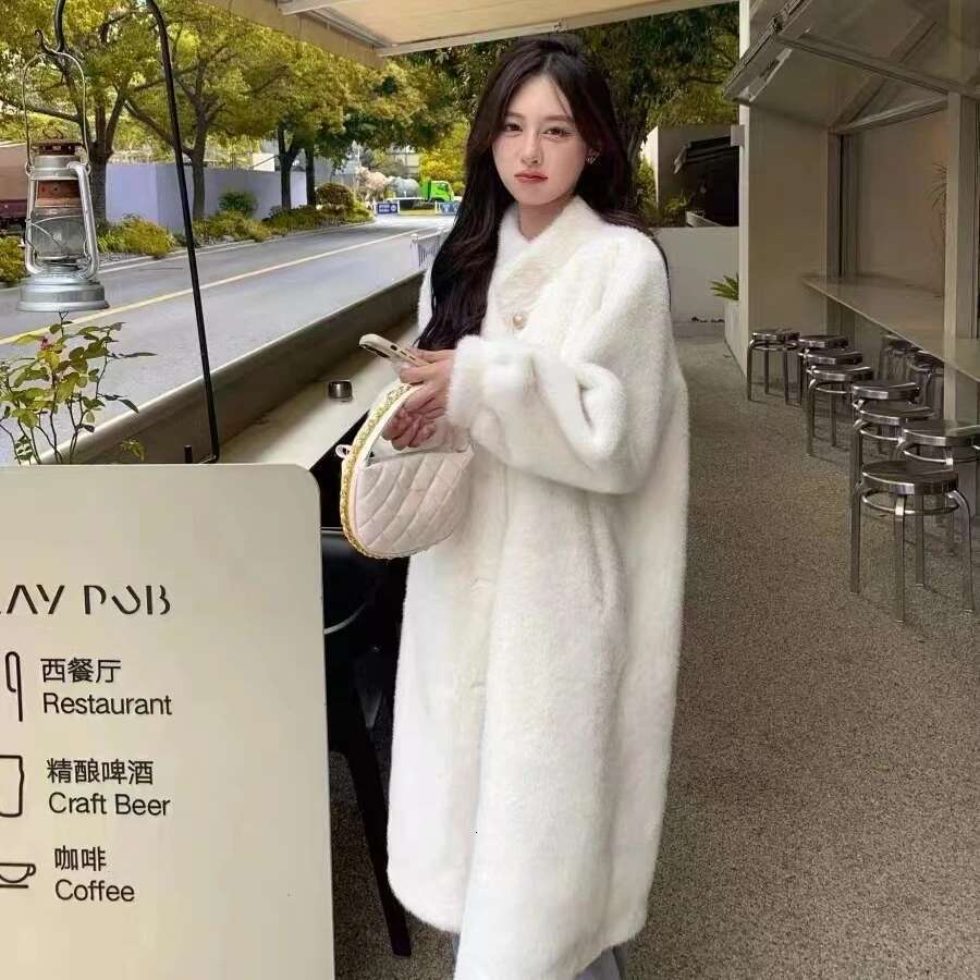 Chinese Style Vintage Lady Elegant Mink Coat X-long Turtleneck Women's Faux Fur Outwear Female Double-breasted Jacket