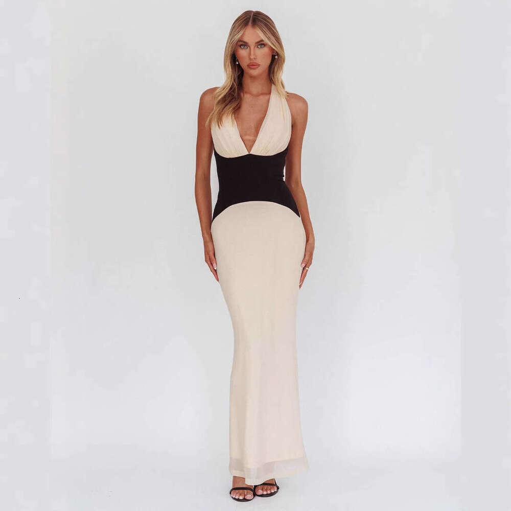 European and American sources, temperament, hanging neck tie splicing, sexy deep V vacation long women's dress, 2025 new casual versatile fashion