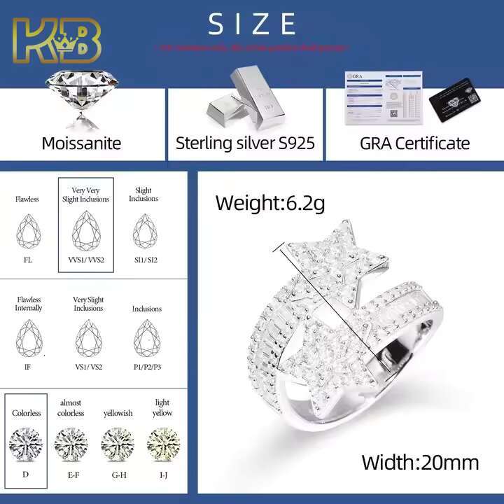 Moissanite Star Ring for Men 925 Sterling Silver VVS Diamond Cut Hip Hop Jewelry Pass Diamond Tester Engagement Bling Gift