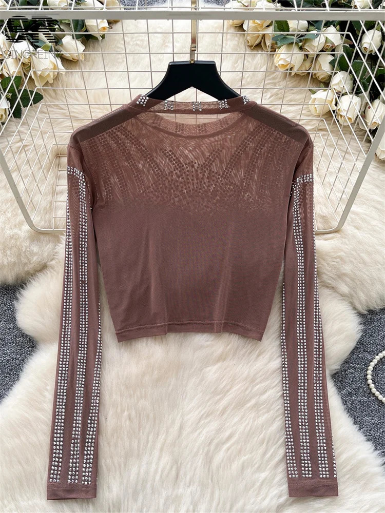 SINGREINY Senior Beading Sexy Blouse Women Long Sleeves O Neck Short T Shirt Girl Fashion Streetwear Shiny Crop Tops 250520