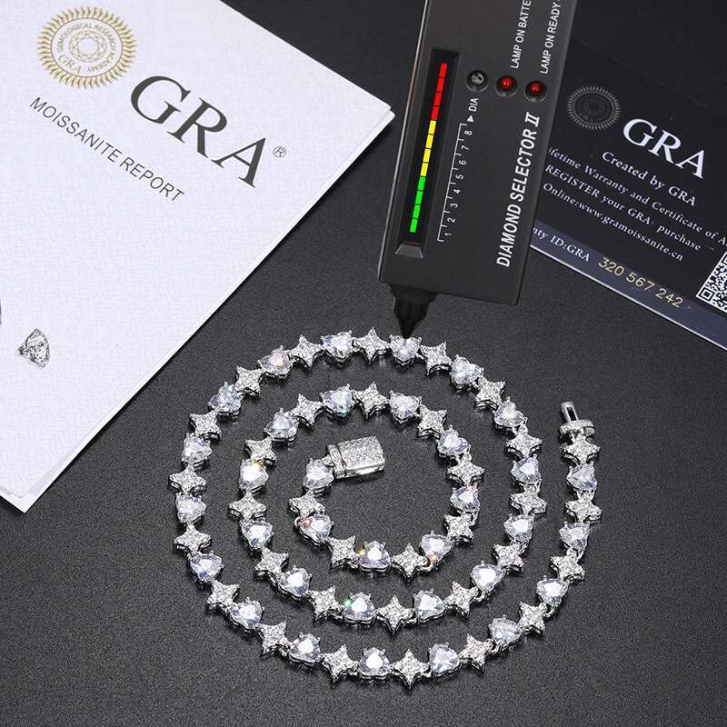 Unisex luxury Heart Moissanite VVS1 Necklace Chain 925 Silver For Women Iced Out Chain Link Necklace Unisex Fine Hip Hop Jewelry