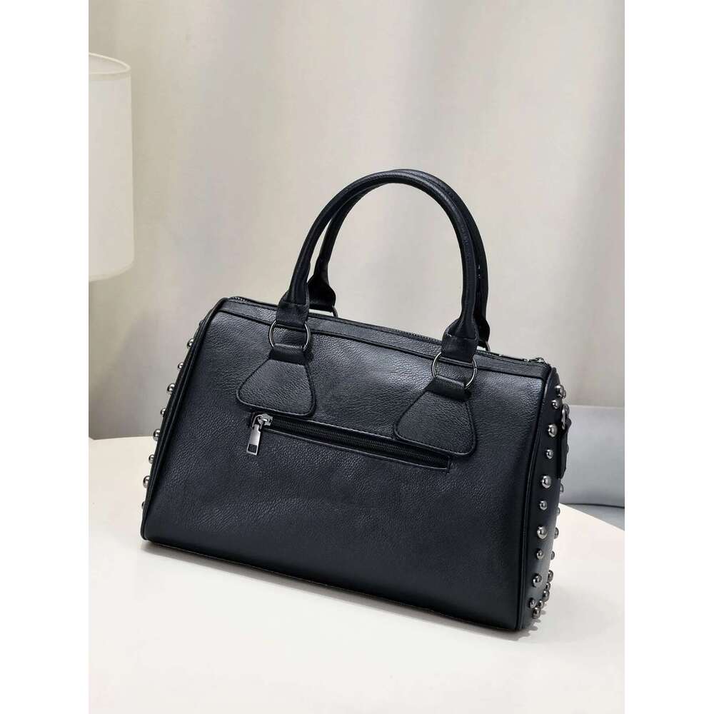 Dark Punk Style Handbag Personality Rivet Trend Boston Large Capacity Shoulder Messenger Black Bag