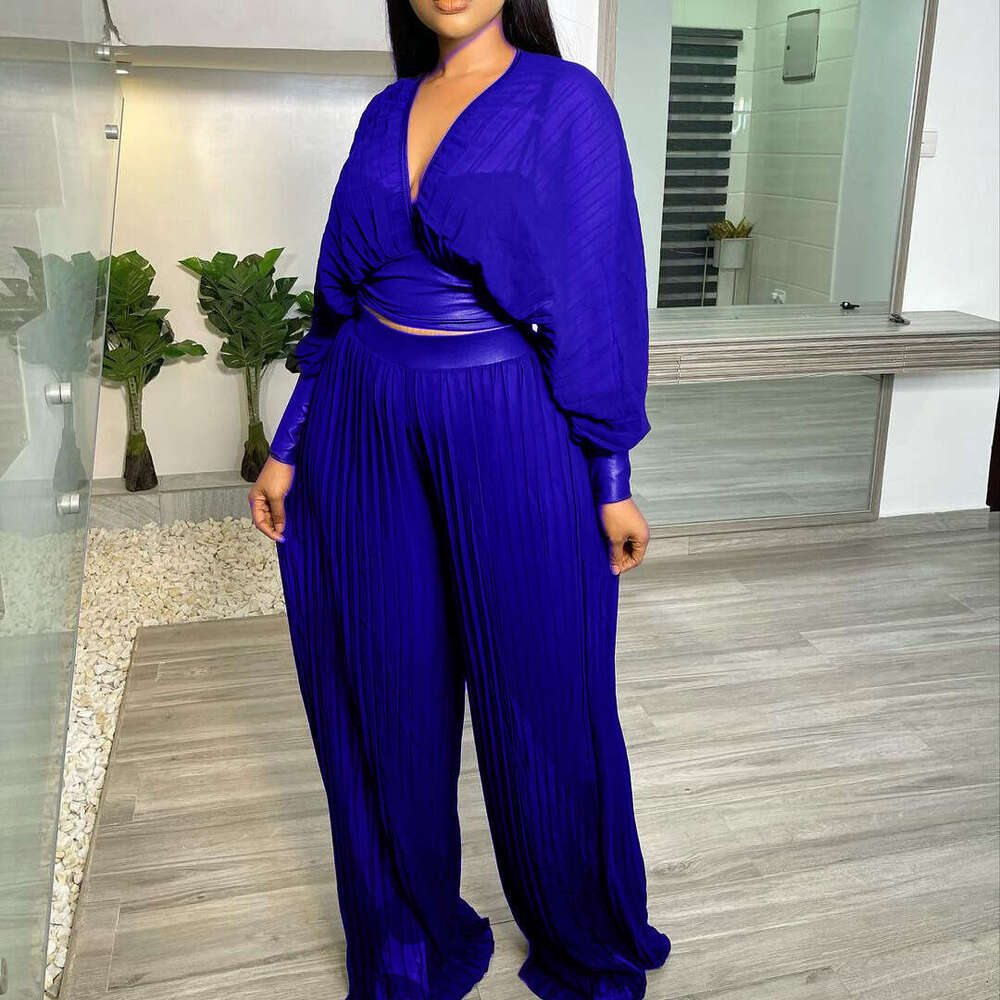 Women's Wear Women's Summer Long Sleeved V-Neck Bat Sleeve Top Folded Hundred Pleats Wide Leg Pants Two Piece Set