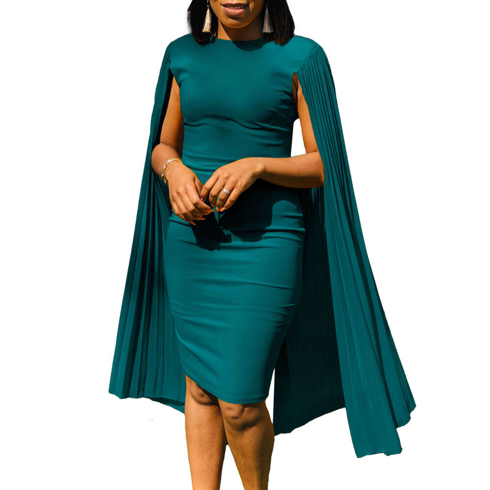 Women's Wear D3303 Women's Fashion Solid Color Round Neck Pleated Shawl Banquet Party Evening Dress