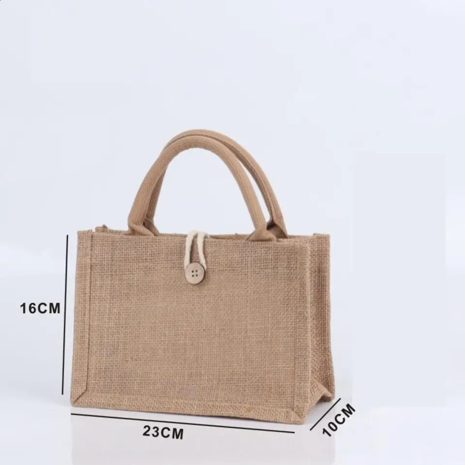Large Capacity Shopping Bag Versatile Jute Tote Bag Portable Lunch Bag Linen Button Reusable Burlap Bag Gift Packing Handbag 250516