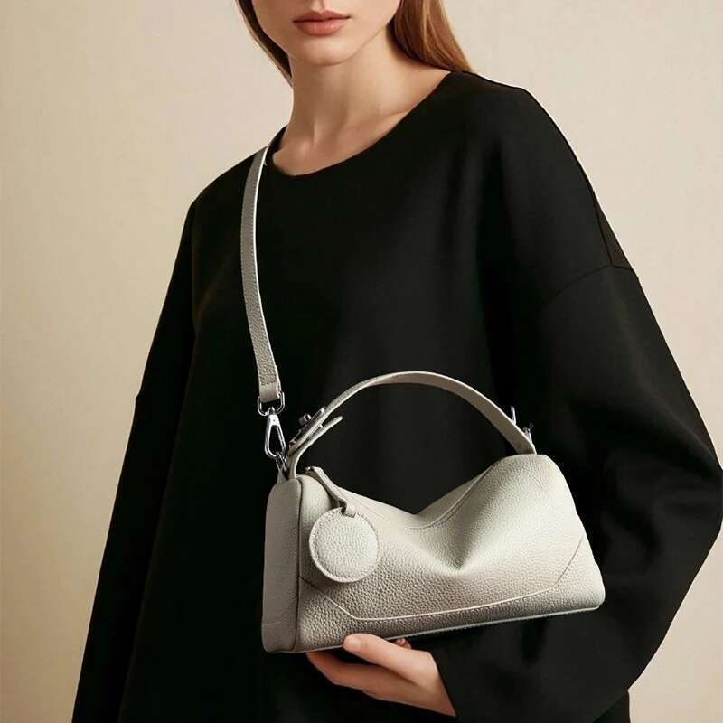 2025 New Genuine Leather Crossbody Boston Bag,Vegetable Tanned Cowhide Women Shoulder Bag,Elegant Buckle Handbag,Black/Brown