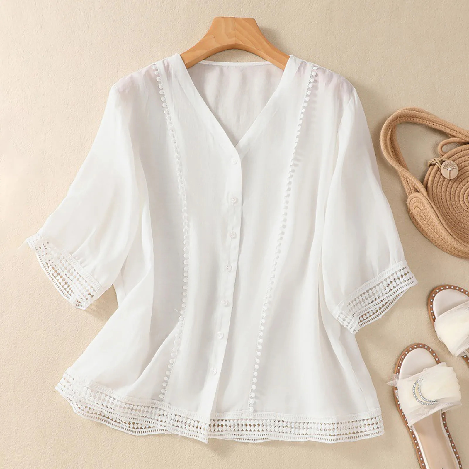 Womens Floral Embroidery Shirts 34 Sleeve Round Neck Vintage Flowing Tops Female Breathable Loose n Retro Blouses 250514