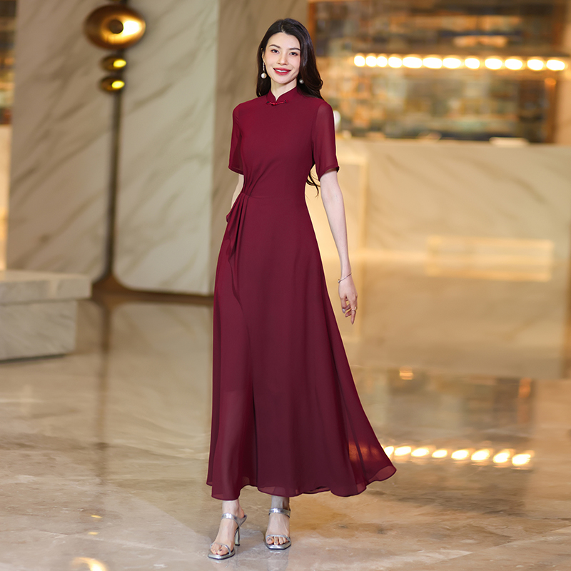 summer chinesestyle cheongsam dresses for women exuding highend elegance and graceful charm with short sleeves printed chiffon fabric and a onepiece d