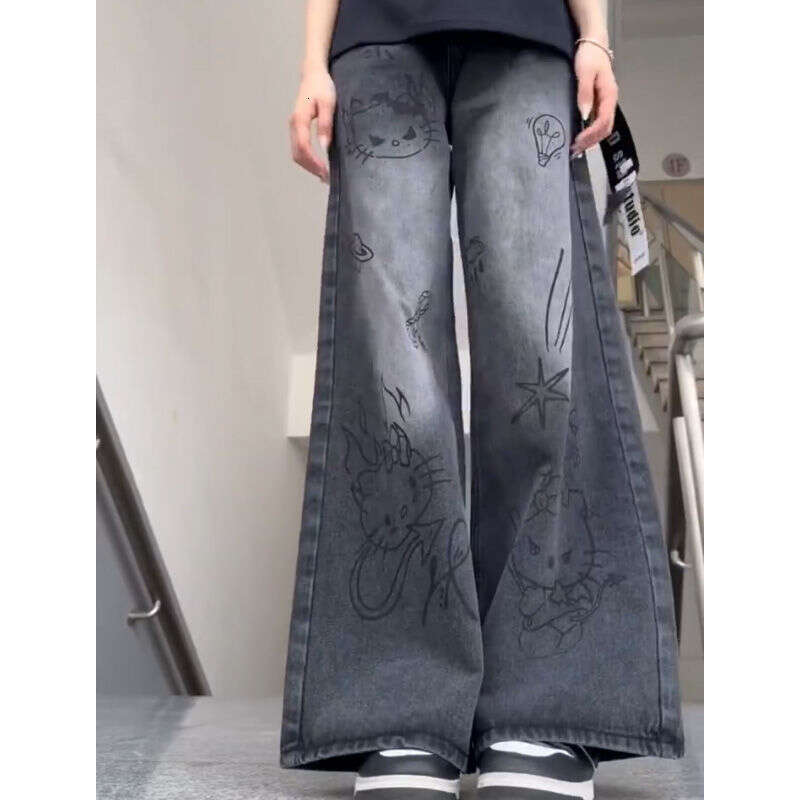 Small hand drawn cartoon graffiti wide jeans for women's spring and summer design sense, niche high waisted loose straight leg pants
