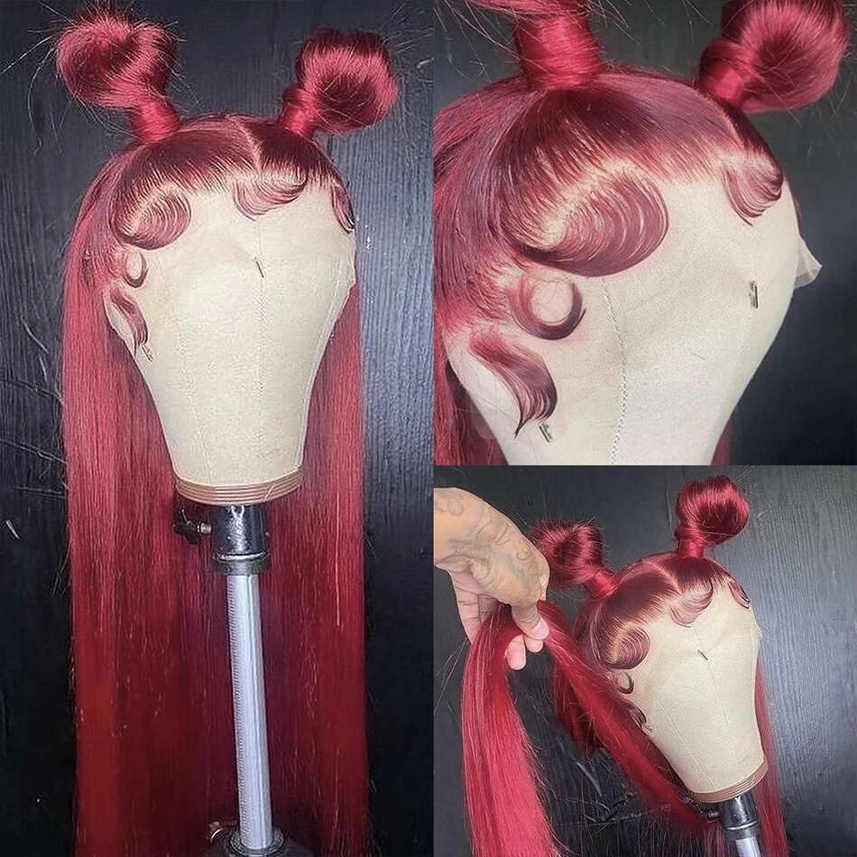 99J Bury Colored Straight HD Front Wig 100% Brazilian Human Hair Pre Plucked Wine Red 13x4 Lace Frontal Wigs