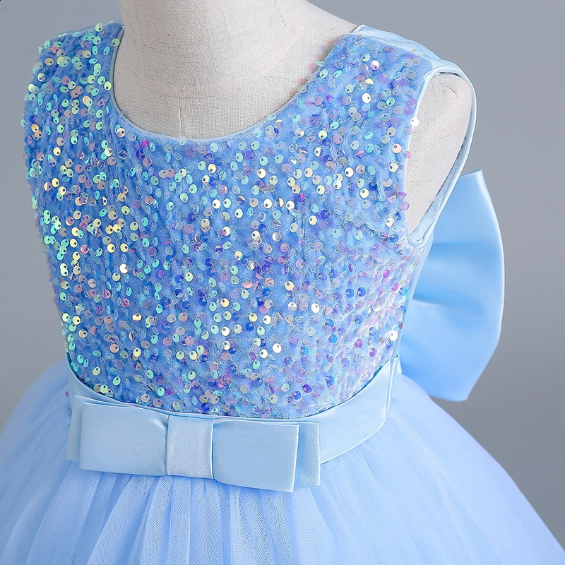 12 14 Yrs Girls Party Dresses Blue Sequined Bow Gala Prom Gown for Children Kids Formal Events Costume Birthday Princess Clothes 250519
