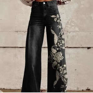 High-Waisted Printed Wide-Leg Stretch Jeans - Women's Casual Fashion Must-Have