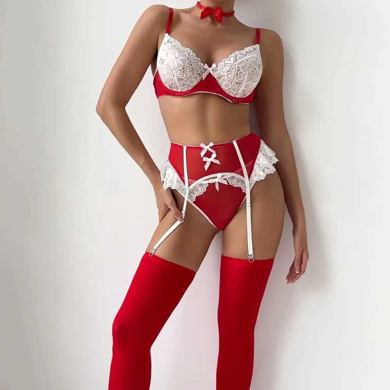 5 Pcs Outfit Lace Lingerie Stocking Underwear Sexy Heart Floral Lace Steel Ring Gathered Bra Cutey Panties Exotic Sets R250520