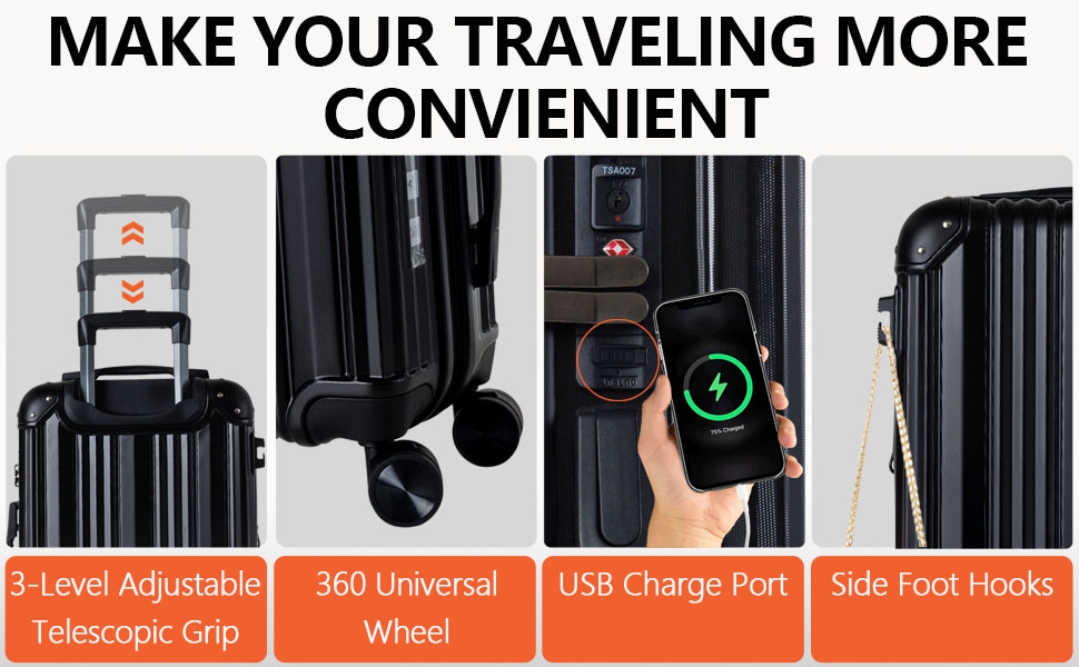20" Expandable Carry-On Luggage Sets with USB-A Port TSA lock | Durable Corner Protection for Business Travel & Family Vacations (Black)