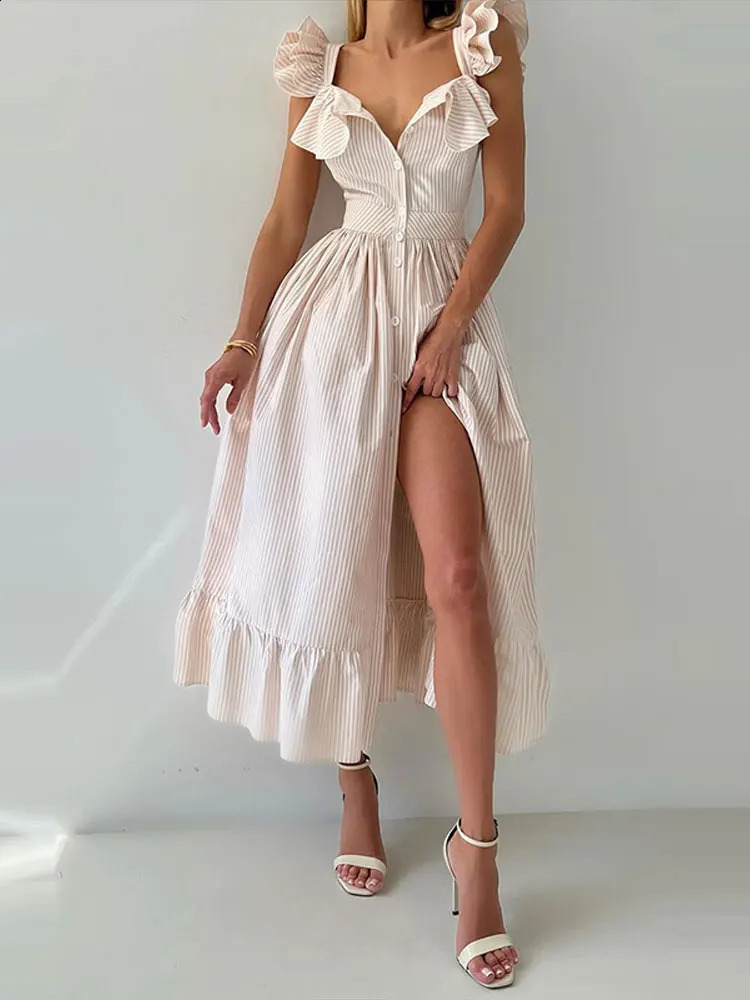 Flying Sleeves Striped Flounce Halter Dress Woman Waist Cinching Single Breasted A-Line Robes Chic Fashion Womens Long Dresses 250519