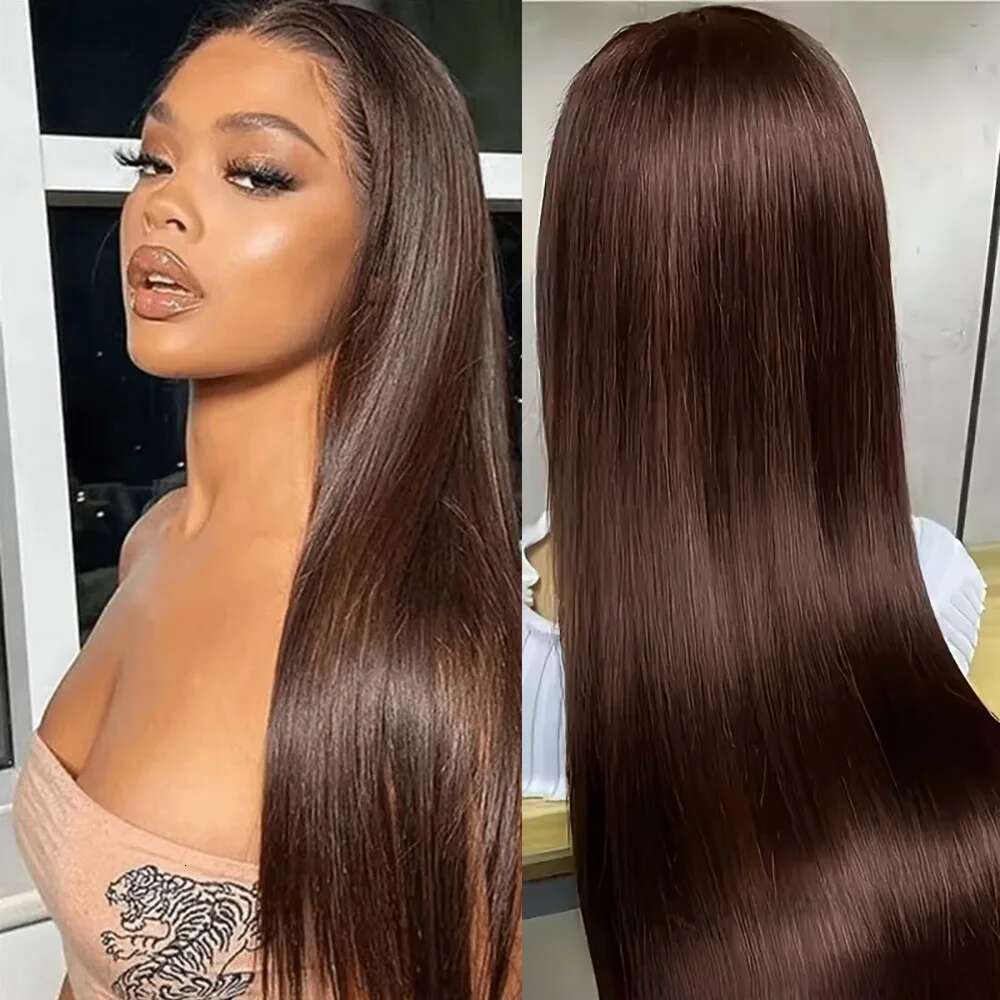 Chocolate Brown Straight Human Hair 13x6 HD Lace Frontal Wig Pre Plucked #4 Colored 46 Inches Wigs For Women