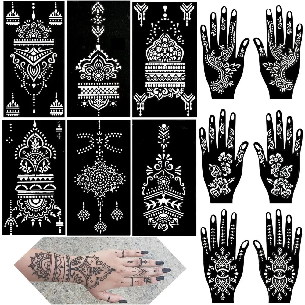 Henna Tattoo Stencils kit 12 Sheets Temporary Tattoo Stickers for Women Girls Indian Arabian Reusable Hand Tattoo Templates 250515