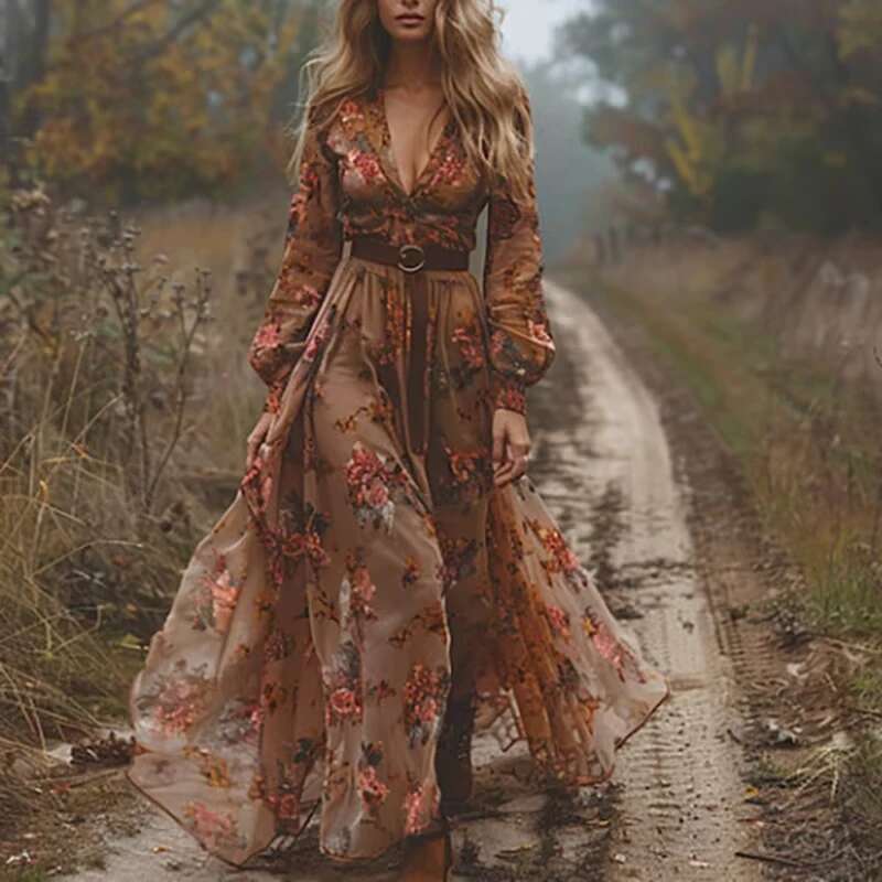 Vintage Pattern Printed Long Sleeved Women's Casual V-Neck High Waist Pleated Autumn Dress Elegant Loose Bohemian Dresses Designer