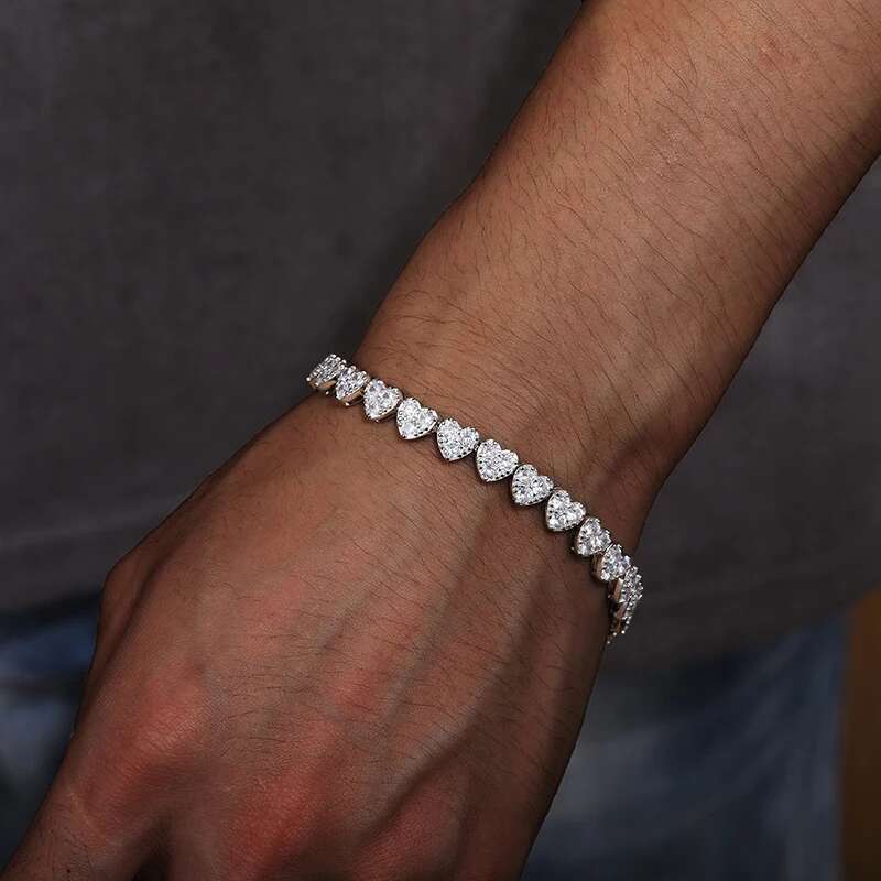 Unisex 3mm-5mm Heart 3 Row Tennis Moissanite Bracelet 925 Silver For Women Men Hip Hop Jewelry