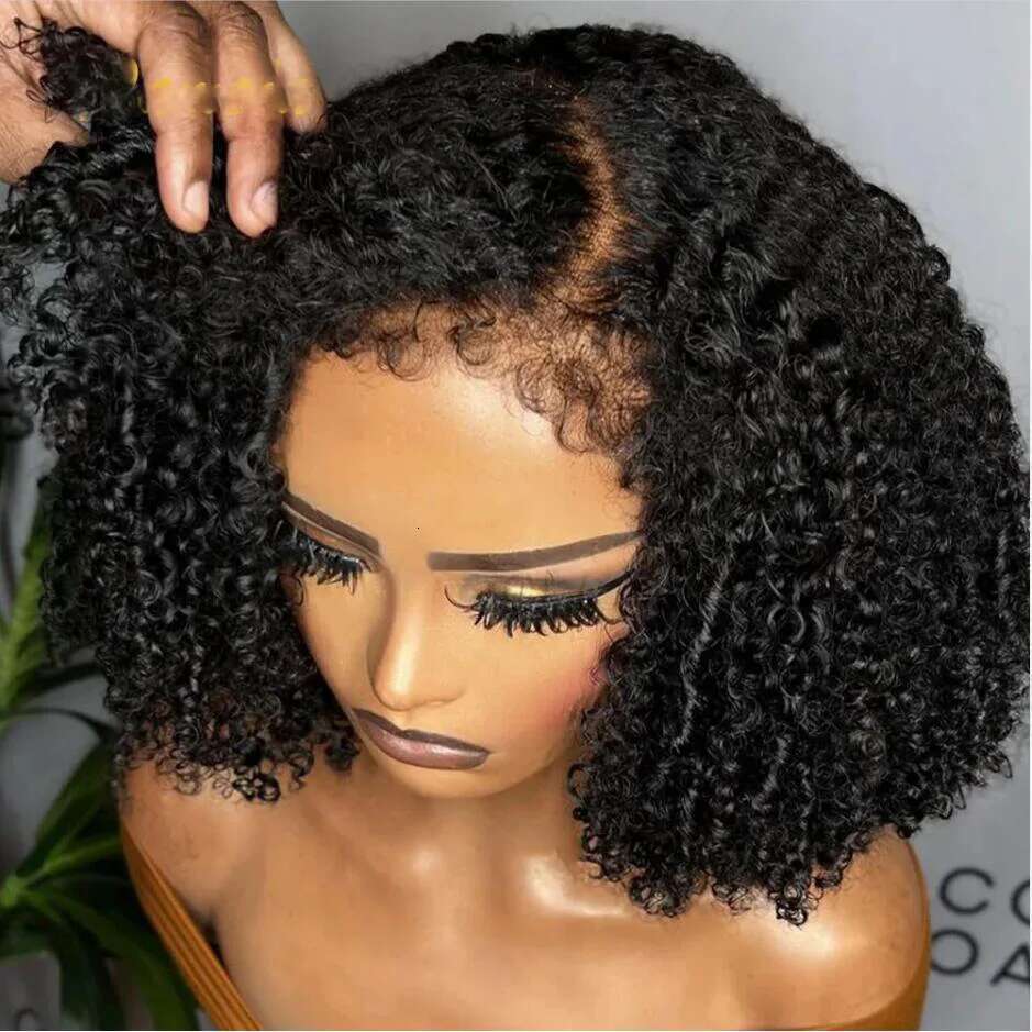 Soft Short Bob Black Kinky Curly 180Density Deep Lace Front Wig For African Women Babyhair Preplucked Synthetic Daily Cosplay