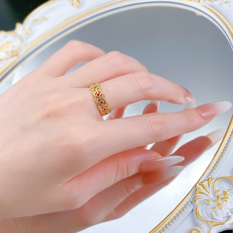 New Vintage Chinese Coin Design Gold-Plated S925 Sterling Silver Ring with Floral Detailing