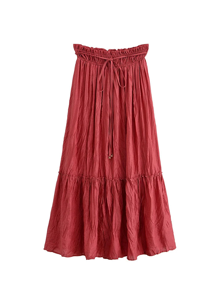 TFMLN Women Casual Skirt Set Loose Solid Ruffle Neck Lace Up Long Sleeve Top Elastic Waist Pleated Skirts Spring Elegant 250520