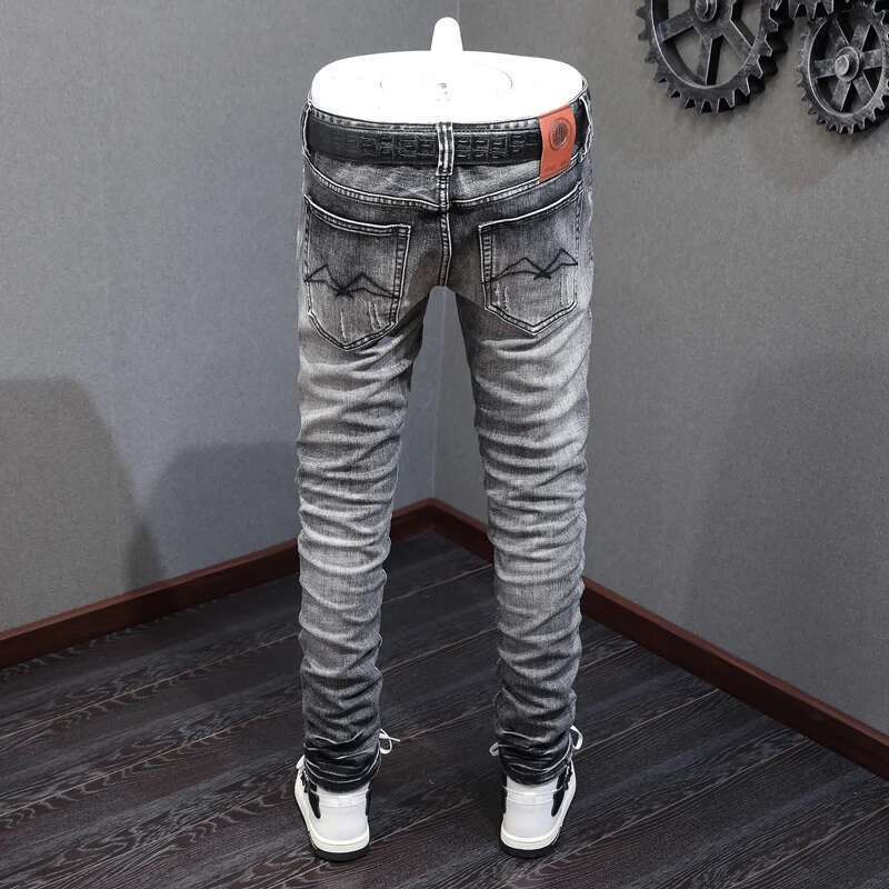 Newly Designer Fashion High Quality Retro Dark Gray Elastic Slim Fit Ripped Jeans Men Vintage Casual Denim Pants Homme