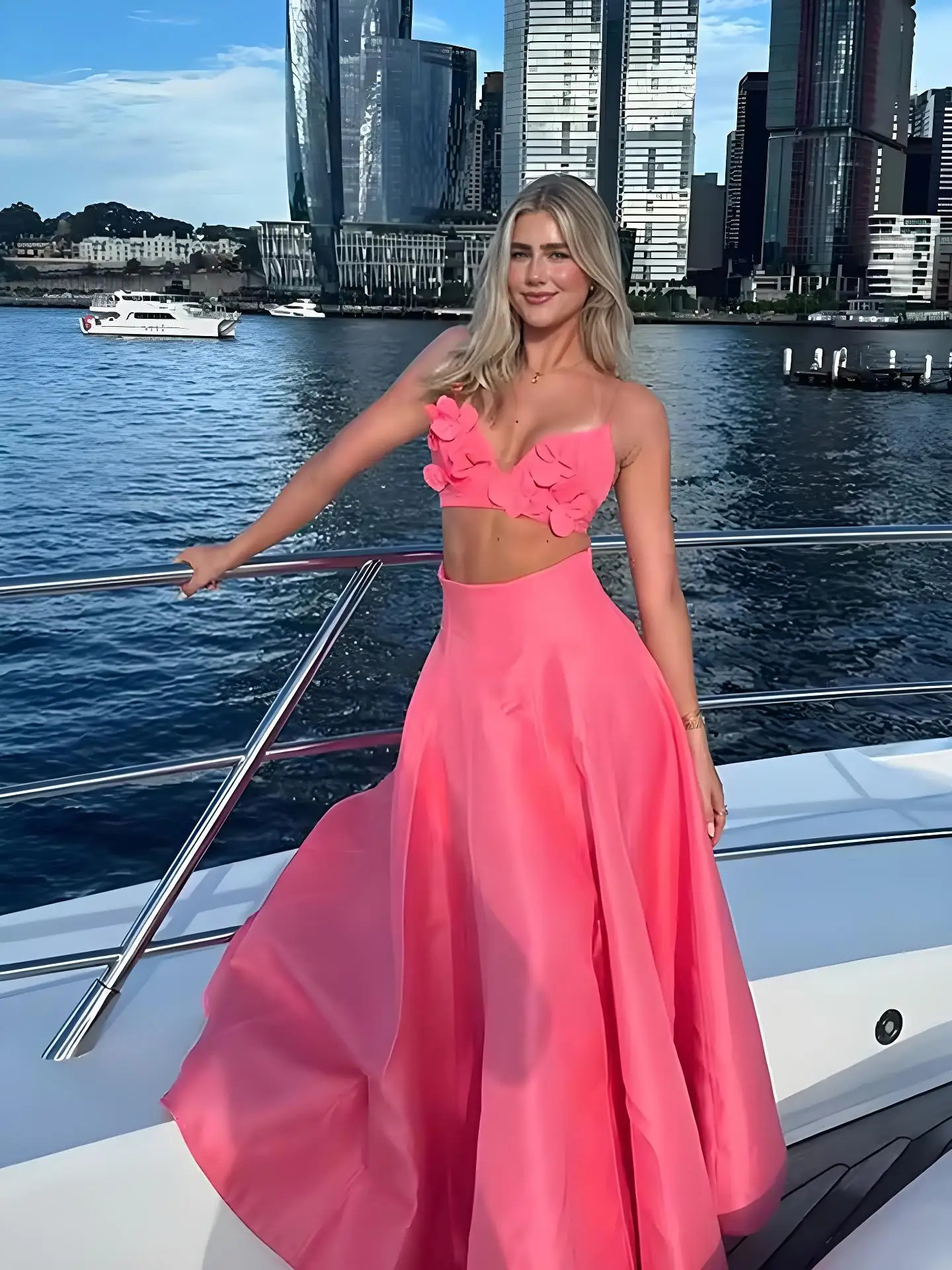 VEITCHE Spring Summer Women Pink Flower Cropped Top Skirt Set Fashion High Waist Long 2 Piece Suit Vocation Beach Outfit 250520