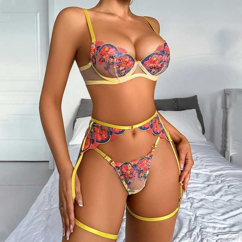Piece Set Embroidery Flower Lingerie Sets Summer Sexy Contrast See Throught Lace Underwear Outfits For Party Night Club R250520