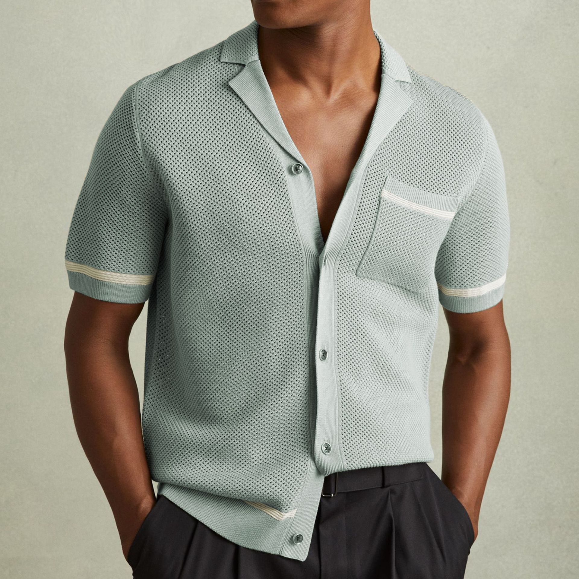 Sexy Hollow Men's Knitted Summer Cuban Collar Short Sleeve Polo Shirt SY0103