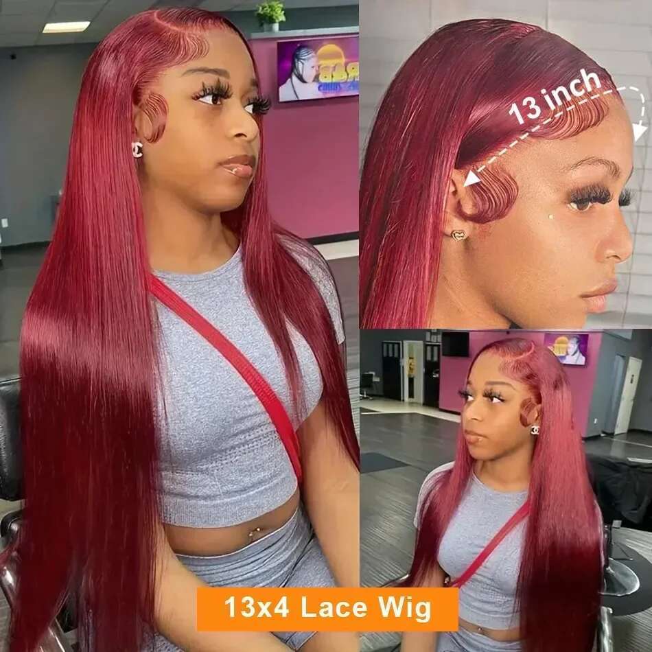 250 Density 30 32 40 Inch 99J Bury Straight 13x4 Front Human Hair Wig 13x6 HD Lace Frontal Wigs Red Remy Brazilian Wine