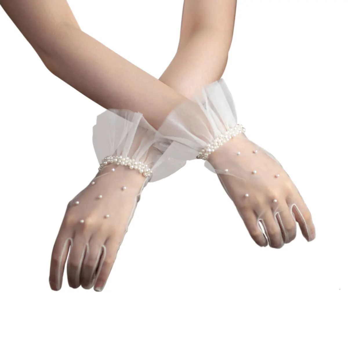 WG091 Wedding Bridal Gloves Tulle Ruffled Edge Pearls Beading White Short Wrist Brides Bridesmaid Finger Gloves 250520