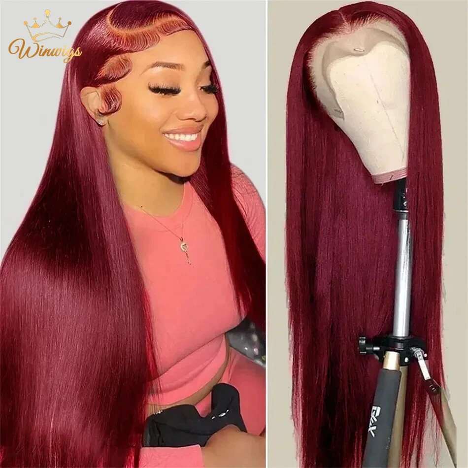 99J Bury Colored Straight HD Front Wig 100% Brazilian Human Hair Pre Plucked Wine Red 13x4 Lace Frontal Wigs