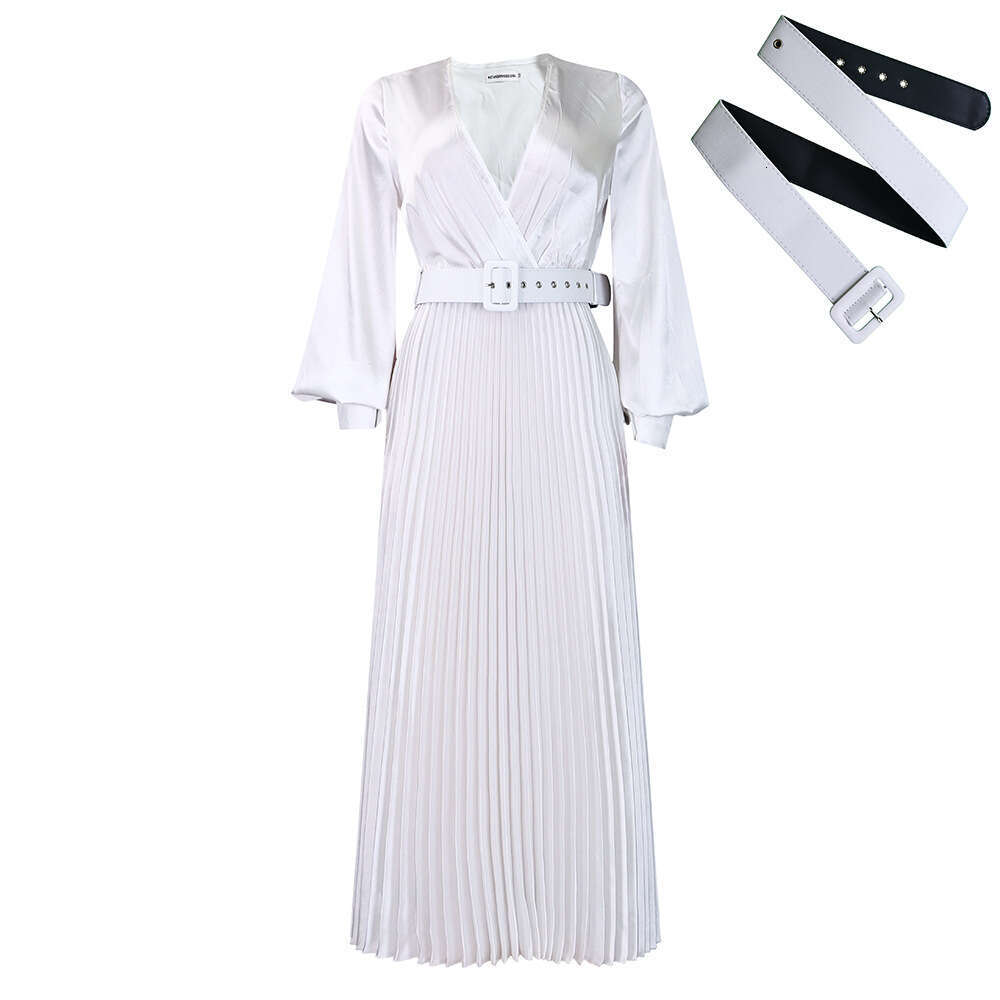 Women's Wear Large Size Women's Clothing New V-Neck Fashionable Temperament Solid Color Pleated Dress