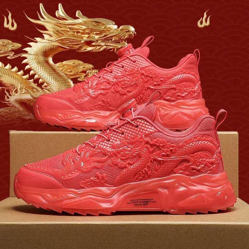 Running Shoes for Men Dragon New Year Style Black Gold Red Trendy Non-Slip Durable Sneakers Outdoor Activities