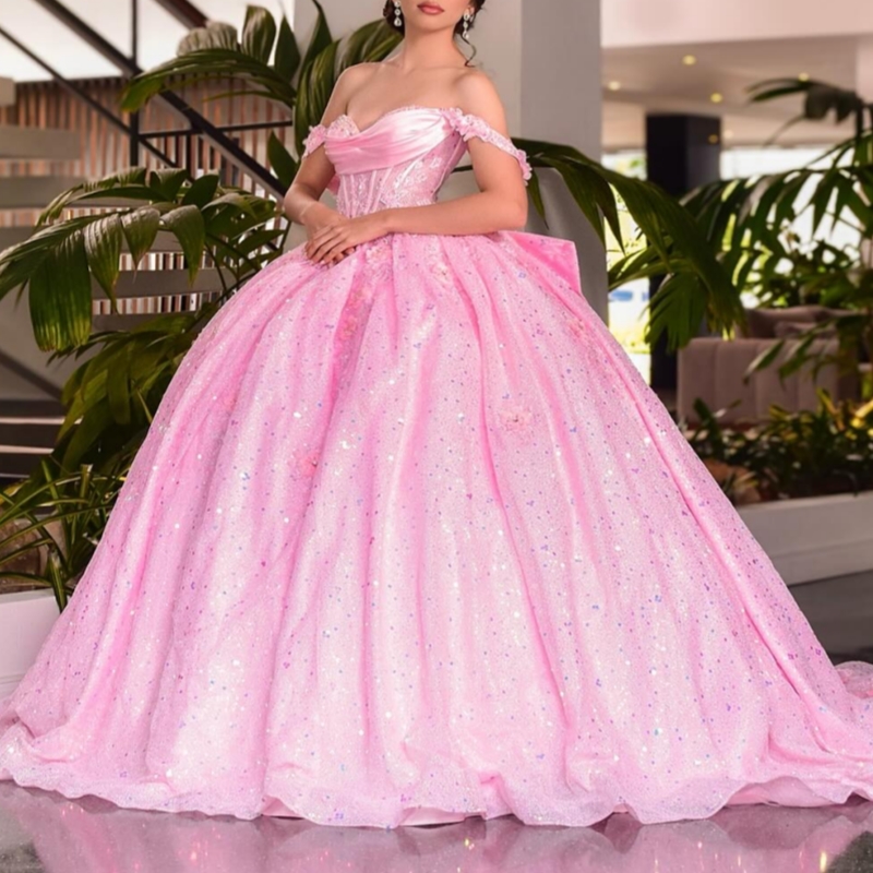 Pink Quinceanera Dresses Off Shoulder Ball Gown Sweet 16 Dress Applique Sequin Beading Tull Corset Birthday Party Vestidos 15 De Anos