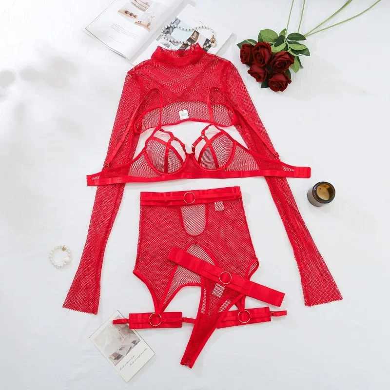 Sexy Lingerie Set for Women Hollow Mesh See-through Sexy Temptation Underwear Long Sleeves Garters Lingerie Set New R250520