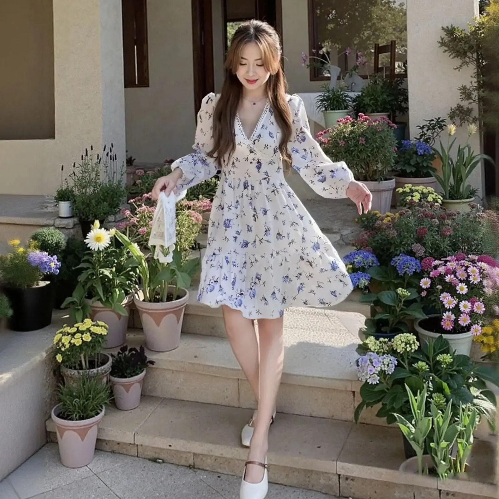 Women Fashion Floral Print Dress Summer Fall V Neck Lace Long Sleeve Mini Dresses Female Casual Street Holiday Vestidos 250520