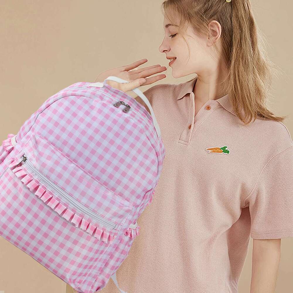 Ruffle Plaid Backpack Girl Pink/Blue Nylon Women Outdoor Travel Weekend Book Schoolbags Back To School Gifts For Kids