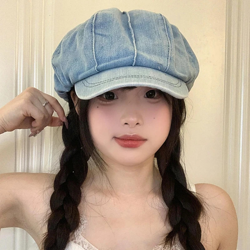 Japanese Niche Striped Retro Washed Denim Berets Cap for Women Spring Summer Literary Versatile Cloud Octagonal Hats 250520
