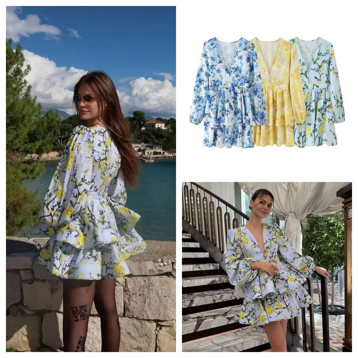 European and American style linen blended longsleeved Vneck dress holiday short skirt 250520